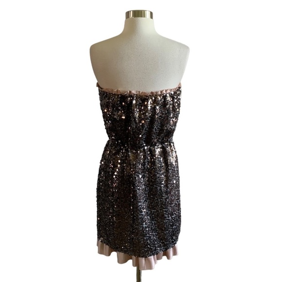DKNY Neutral Color Sequins Strapless Dress With Ruffles Across Chest and At Hem - Picture 4 of 15
